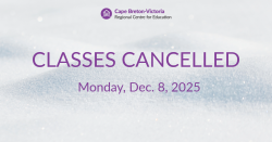  Purple text on snow-covered background. Text reads: “Classes Cancelled. Monday, Dec. 8, 2025.”