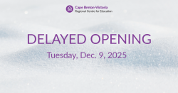  Purple text on snow-covered background. Text reads: “Delayed Opening. Tuesday, Dec. 9, 2025.”