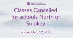 Purple text on snow-covered background. Text reads: “Classes are cancelled for schools North of Smokey.”
