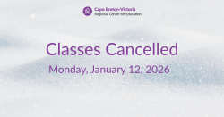 Purple text on white background: “Classes cancelled, Monday, January 12, 2026.”