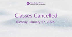 Purple text on snow-covered background reads: “Classes Cancelled. Tuesday, January 27, 2026”