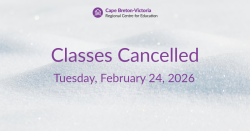 Purple text on snow-covered background reads: “Classes Cancelled. Tuesday, February 24, 2026.”
