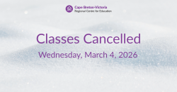 Purple text on snow-covered background reads: “Classes Cancelled. Wednesday, March 4, 2026.”