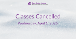 Purple text on snow-covered background reads: “Classes Cancelled. Wednesday, April 1, 2026.”