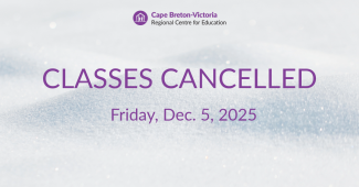 Purple text on snow-covered background. Text reads: “CLASSES CANCELLED. Friday, Dec. 5, 2025”