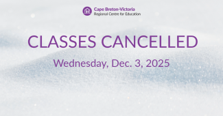 Purple letters on snowy background. Text reads: Classes Cancelled, Wednesday, Dec. 3, 2025