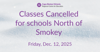 Purple text on snow-covered background. Text reads: “Classes are cancelled for schools North of Smokey.”
