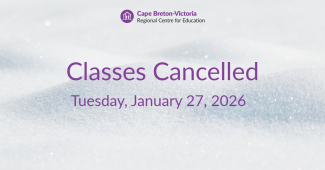 Purple text on snow-covered background reads: “Classes Cancelled. Tuesday, January 27, 2026”