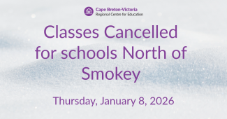Purple text on snow-covered background. Text reads: “Classes Cancelled for schools North of Smokey. Thursday, January 8, 2026.”