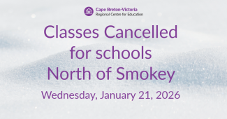 Purple text on snow-covered background reads: “Classes cancelled for schools North of Smokey. Wednesday, January 21, 2026."