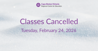 Purple text on snow-covered background reads: “Classes Cancelled. Tuesday, February 24, 2026.”