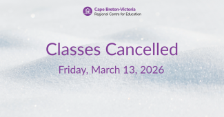 Purple text on snow-covered background reads: “Classes Cancelled. Friday, March 13, 2026.”