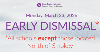 Purple text on snow-covered background reads: “Monday, March 23, 2026. Early Dismissal. All schools except those located North of Smokey."